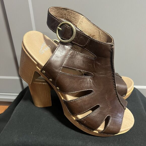 Dansko Demetra Chocolate Brown Peep Toe Teak Vintage Pull Up Sandals 42 US 11.5 - Picture 2 of 9